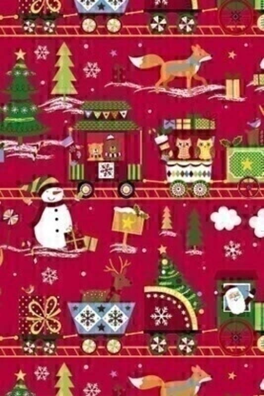 A delightful winter wonderland themed wrapping paper in red with Santa driving a train with reindeer snowmen and festive foxes. Approx size 2m